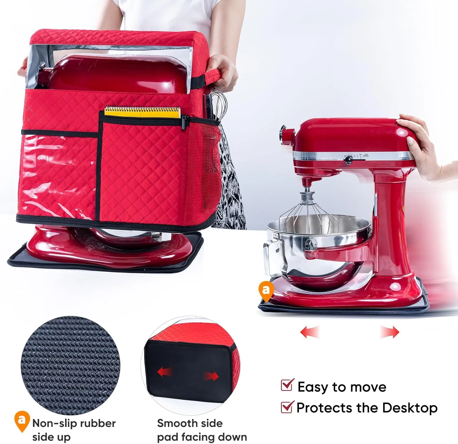BAGSPRITE Stand Mixer Cover with Detachable Appliance Sliders Base Compatible with KitchenAid Mixer-Storage Bag for 6/7/8 Quart with Pockets for Kitchen Aid Accessories and Attachments