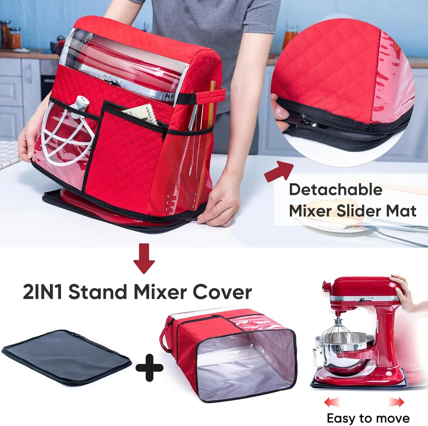BAGSPRITE Stand Mixer Cover with Detachable Appliance Sliders Base Compatible with KitchenAid Mixer-Storage Bag for 6/7/8 Quart with Pockets for Kitchen Aid Accessories and Attachments