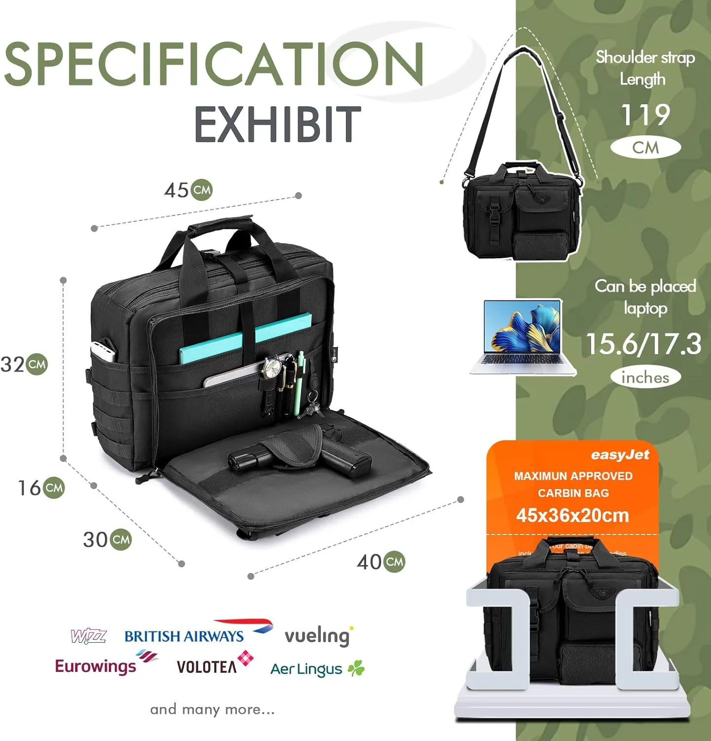 BAGZY Tactical Laptop Bag for Men Multifunctional Tactical Briefcase, Men's Military Messenger Bag 14/15.6/17.3 Inch