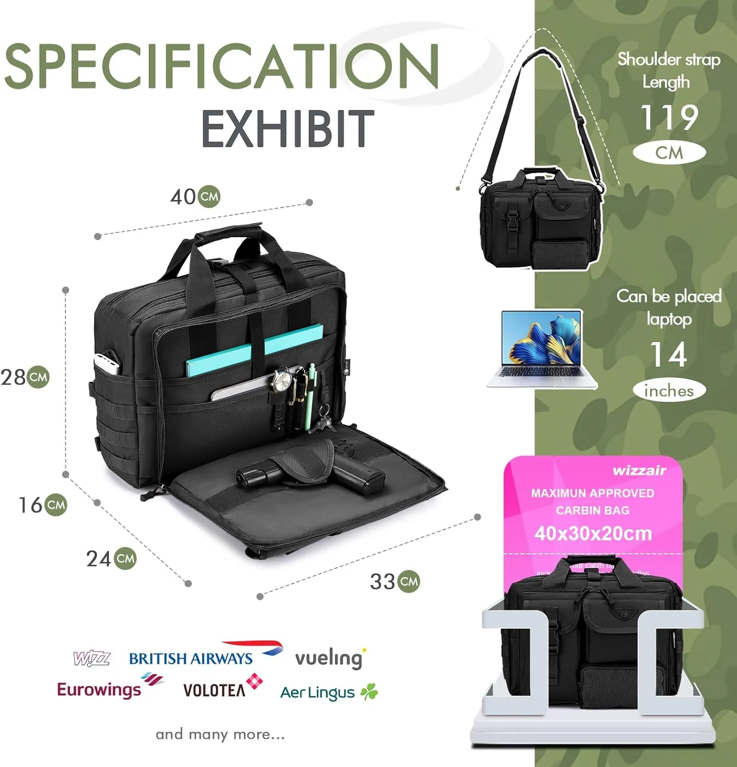BAGZY Tactical Laptop Bag for Men Multifunctional Tactical Briefcase, Men's Military Messenger Bag 14/15.6/17.3 Inch