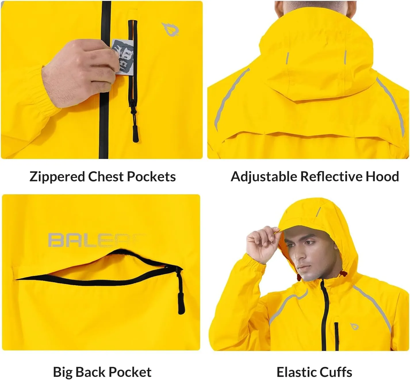baleaf Men's Rain Jacket Waterproof Windbreaker Running Cycling Golf Hiking Gear Hood Lightweight Reflective Packable