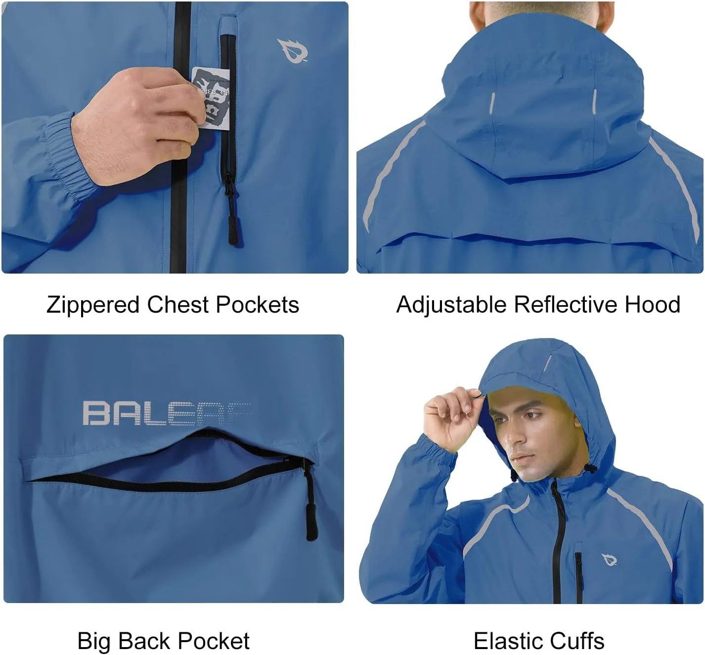 baleaf Men's Rain Jacket Waterproof Windbreaker Running Cycling Golf Hiking Gear Hood Lightweight Reflective Packable