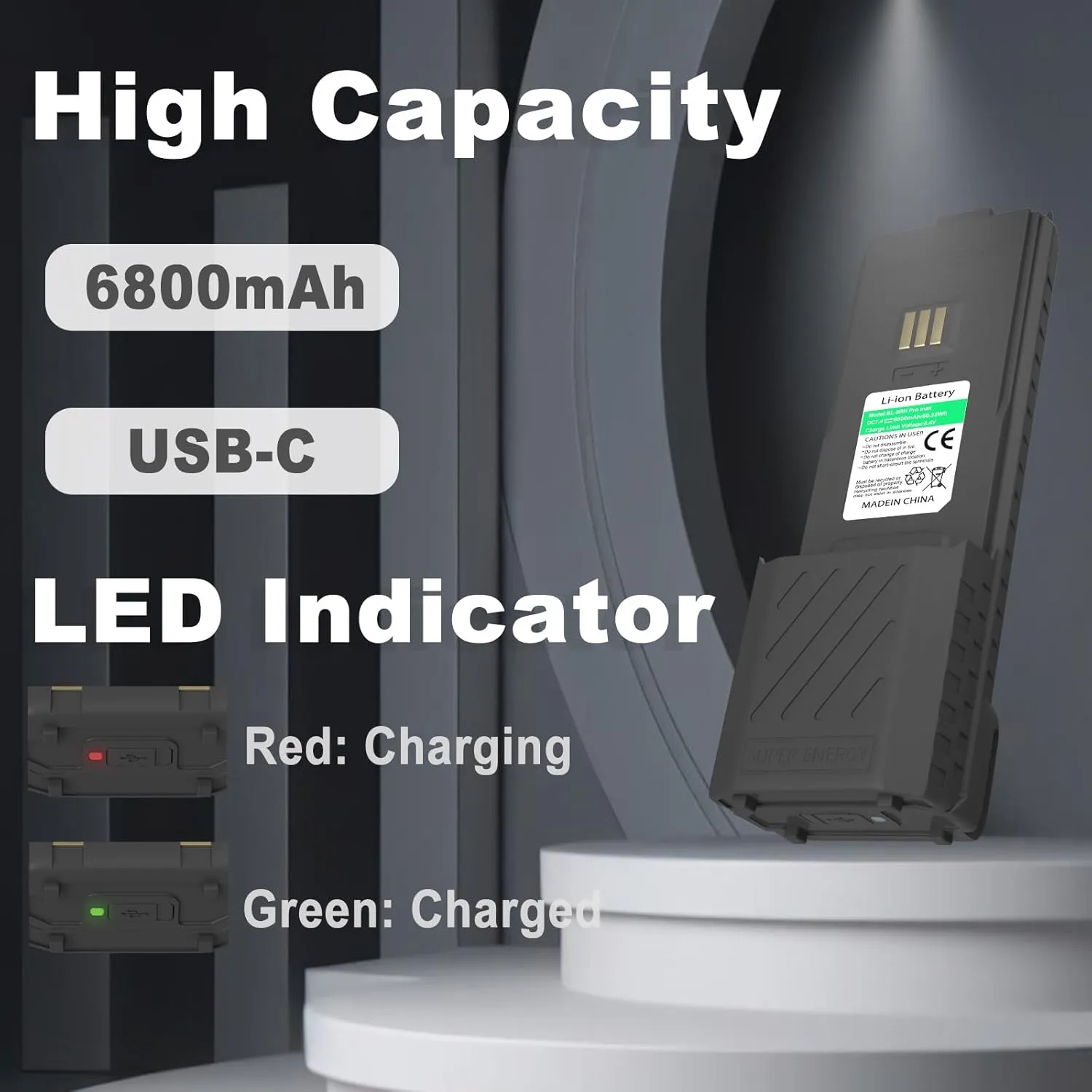 BAOFENG UV-5RM Plus 6800mAh Battery Two Way Radio USB-C Charging 7.4V Extended Replacement Battery Compatible for GM-5RH/UV-5G Plus GMRS/UV-5RM (2 Packs 6800mAh)