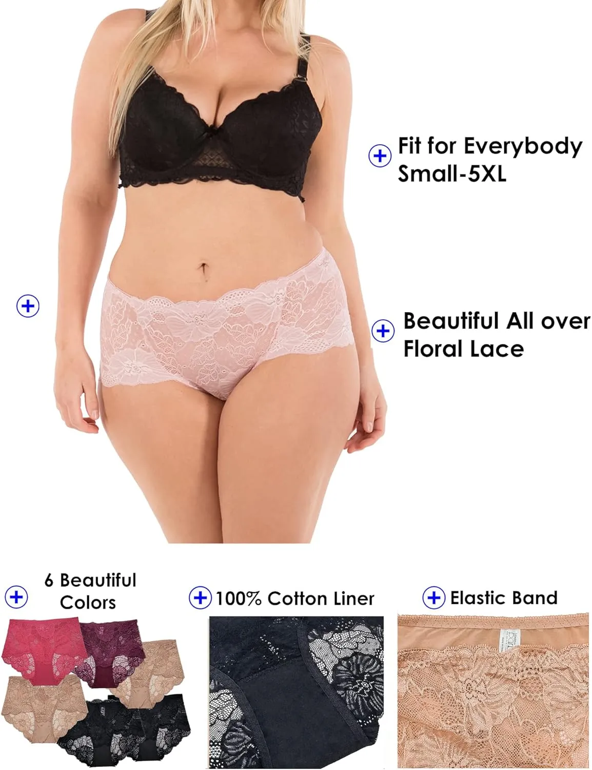 Barbra Lingerie Lace Panties for Women Retro Lace Boyshort Underwear Small to Plus Size Multi Pack