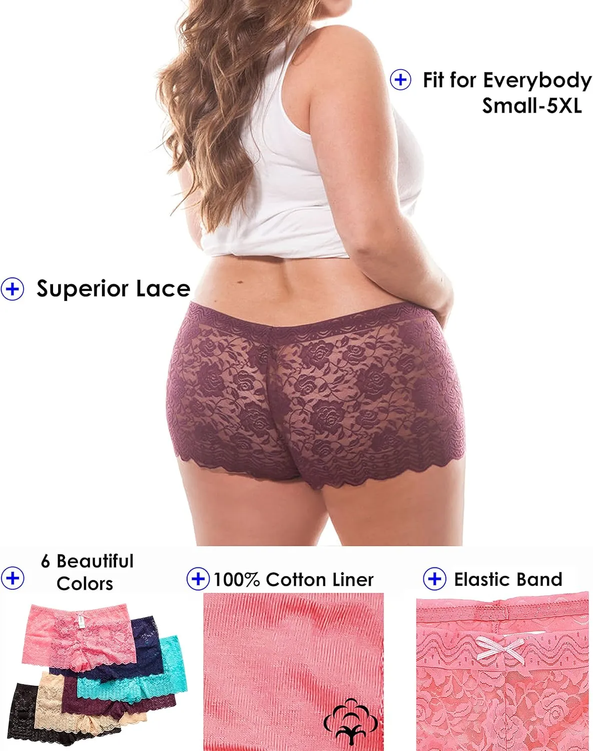 Barbra Lingerie Multi Pack of Women's Regular & Plus Size Lace Boyshort Panties