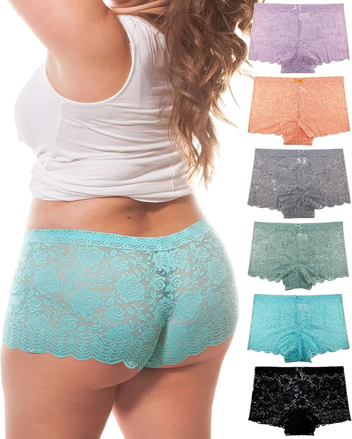 Barbra Lingerie Multi Pack of Women's Regular & Plus Size Lace Boyshort Panties