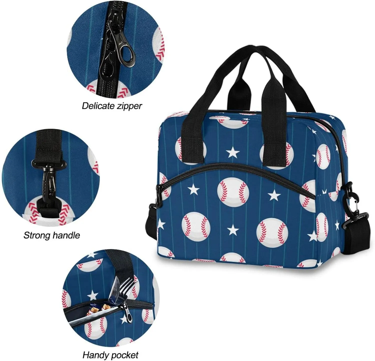 Baseball Lunch Bag Reusable Insulated Tote Bag Leakproof Cooler Bag with Adjustable Shoulder Strap for Women Men