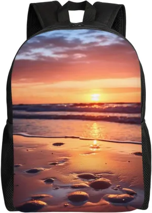 Beach And Sunset Glow Travel Laptop Backpack Waterproof Lightweight Cute Backpack For Women Men Casual Daypack