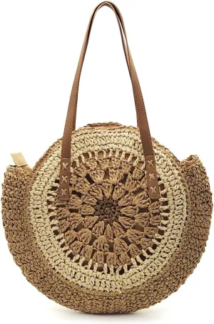 Beach Bags for Women Vacation Large Handcrafted Woven Straw Tote with Zipper Summer Shoulder Boho Crochet