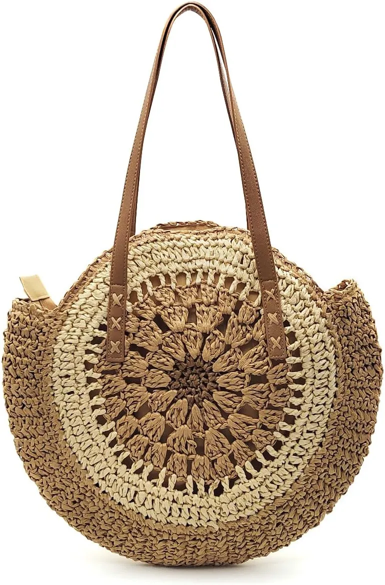 Beach Bags for Women Vacation Large Handcrafted Woven Straw Tote with Zipper Summer Shoulder Boho Crochet