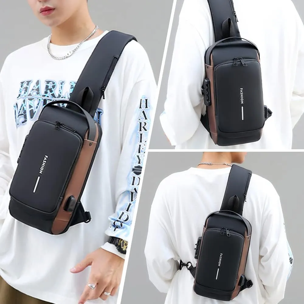 Bealin Waterproof Sling Bag Crossbody Backpack for Men Women Anti-Theft Sling Chest Bag with USB Charging Port for Hiking Walking Brown
