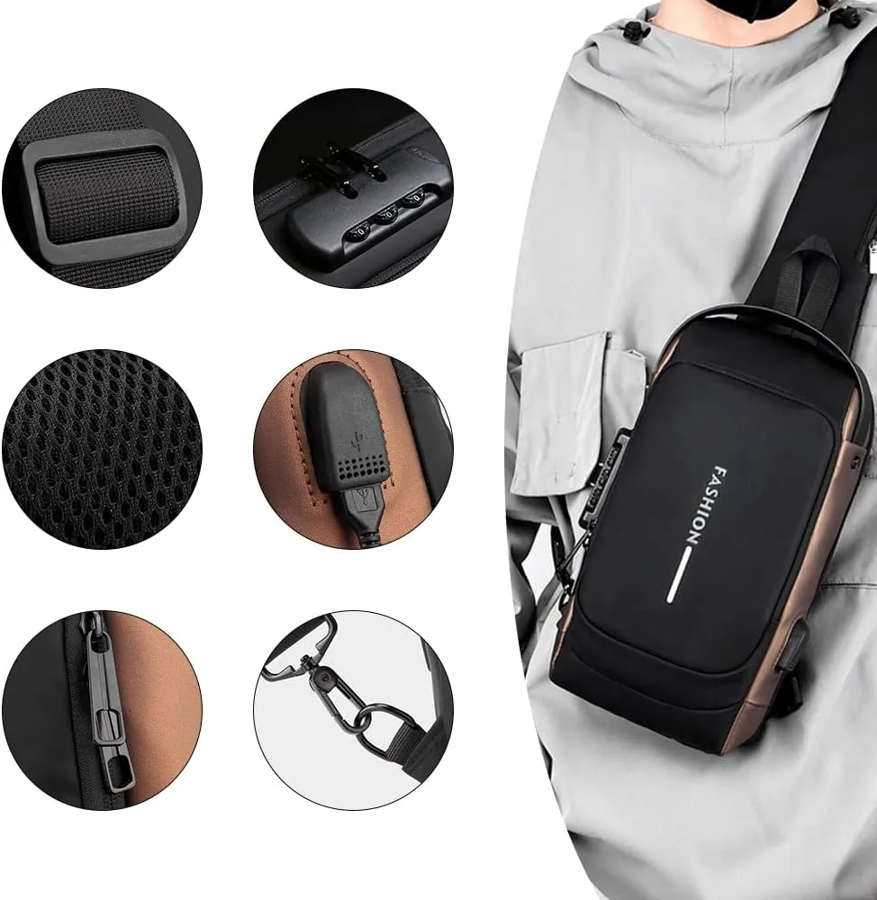 Bealin Waterproof Sling Bag Crossbody Backpack for Men Women Anti-Theft Sling Chest Bag with USB Charging Port for Hiking Walking Brown