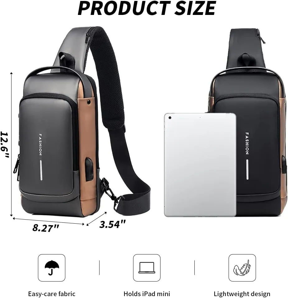 Bealin Waterproof Sling Bag Crossbody Backpack for Men Women Anti-Theft Sling Chest Bag with USB Charging Port for Hiking Walking Brown
