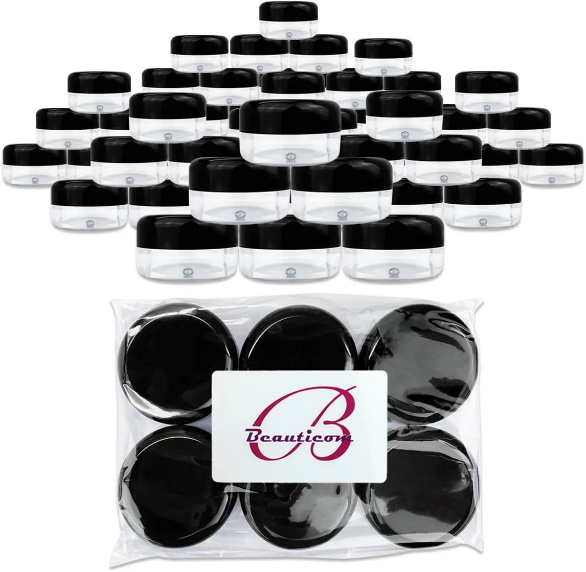 Beauticom (Quantity: 60 Pieces) 15G/15ML (0.5oz) Round Clear Jars with Black Lids for Powdered Eyeshadow, Mineralized Makeup, Cosmetic Samples - BPA Free