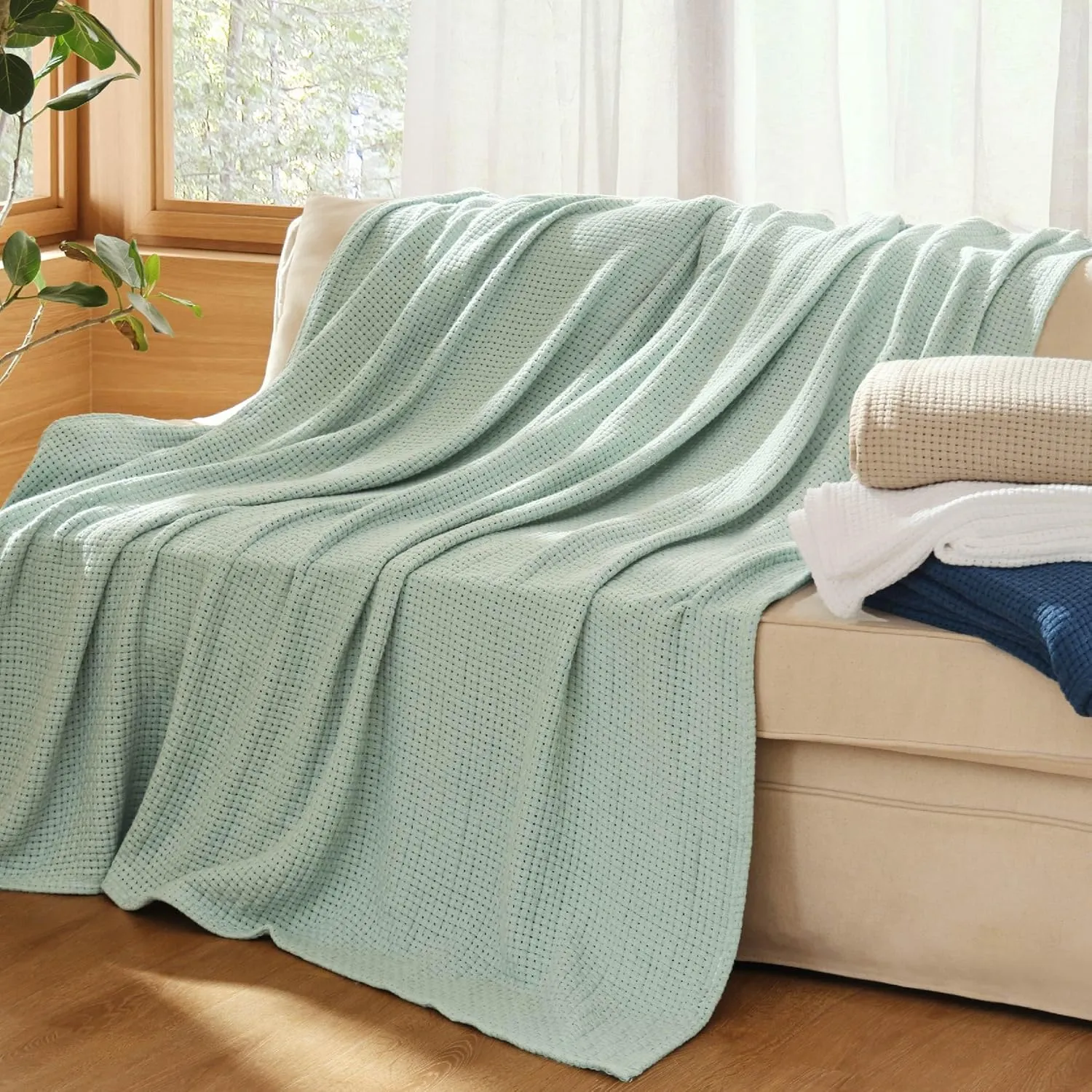 Bedsure 100% Cotton Blanket King Size for Bed - Breathable and Lightweight, Soft Cozy Basket Woven Blanket for Summer, Sage Green, 108x90 inches