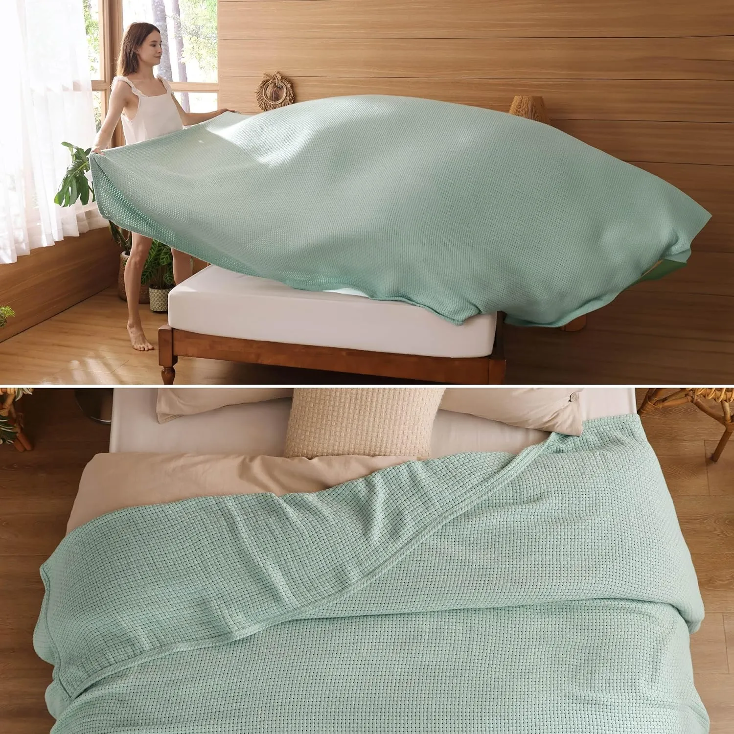 Bedsure 100% Cotton Blanket King Size for Bed - Breathable and Lightweight, Soft Cozy Basket Woven Blanket for Summer, Sage Green, 108x90 inches