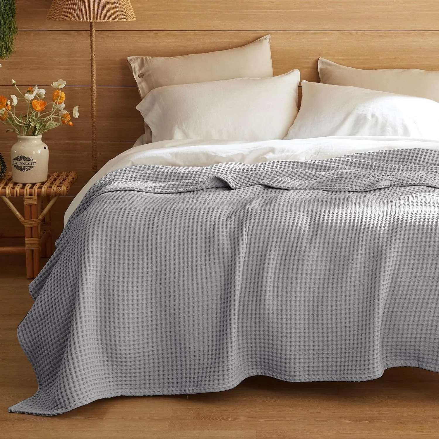 Bedsure 100% Cotton Blanket Queen Size for Summer, Ultra Soft Waffle Weave Queen Blanket for Bed, Lightweight Thin Woven Breathable Bedding Gifts for Women, Men, Kids, Grey, 90" x 90"