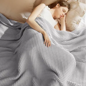 Bedsure 100% Cotton Blanket Queen Size for Summer, Ultra Soft Waffle Weave Queen Blanket for Bed, Lightweight Thin Woven Breathable Bedding Gifts for Women, Men, Kids, Grey, 90" x 90"