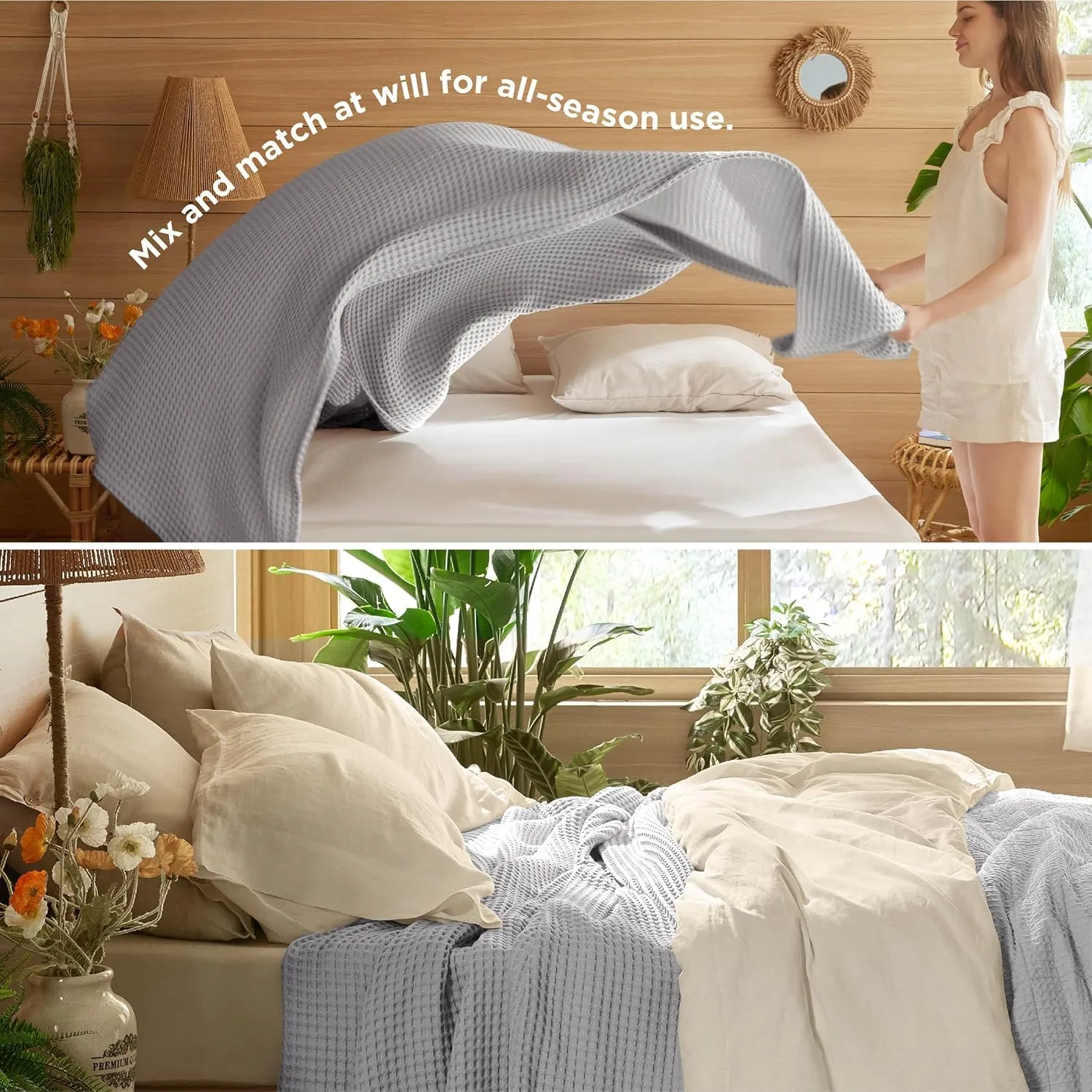 Bedsure 100% Cotton Blanket Queen Size for Summer, Ultra Soft Waffle Weave Queen Blanket for Bed, Lightweight Thin Woven Breathable Bedding Gifts for Women, Men, Kids, Grey, 90" x 90"