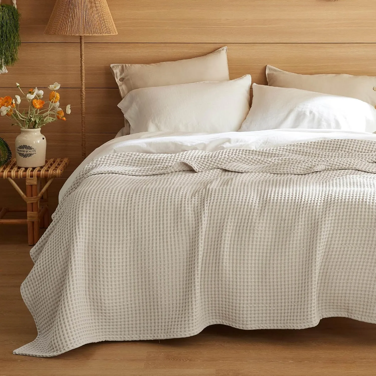 Bedsure 100% Cotton Blanket Queen Size for Summer, Ultra Soft Waffle Weave Queen Blanket for Bed, Lightweight Thin Woven Breathable Bedding Gifts for Women, Men, Kids, Linen Beige, 90" x 90"