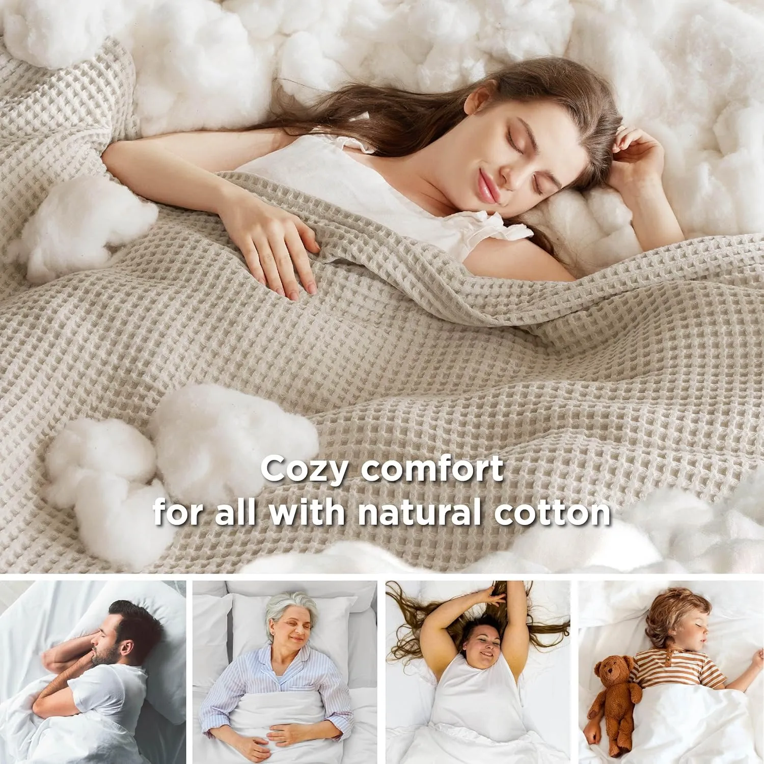 Bedsure 100% Cotton Blanket Queen Size for Summer, Ultra Soft Waffle Weave Queen Blanket for Bed, Lightweight Thin Woven Breathable Bedding Gifts for Women, Men, Kids, Linen Beige, 90" x 90"