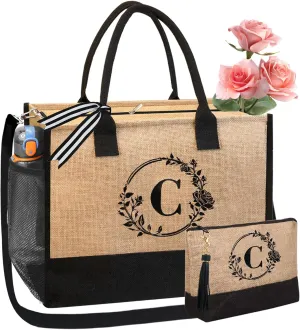 BeeGreen Initial Canvas/Jute Tote Bag Personalized Bag for Wedding, Birthday, Beach, Gift for Women, Mom, Teacher,Friend