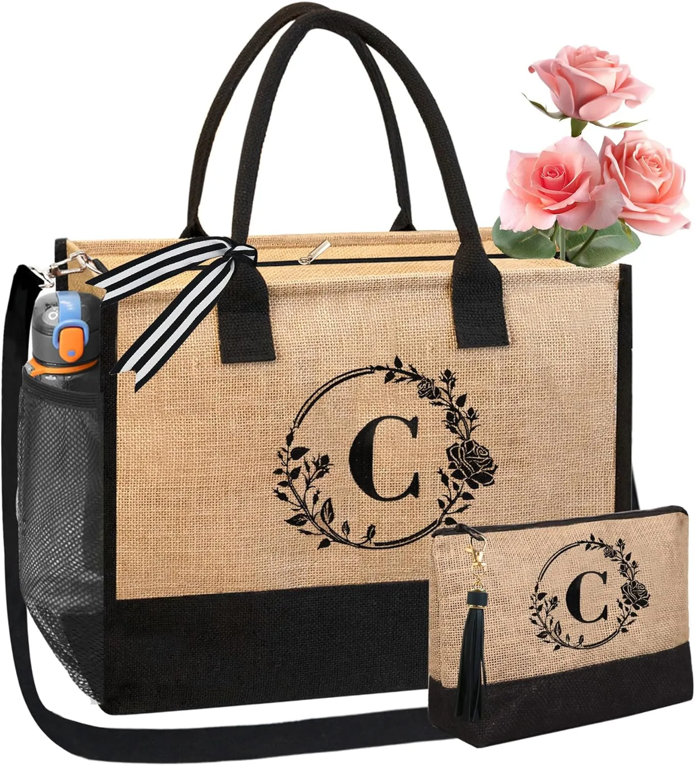 BeeGreen Initial Canvas/Jute Tote Bag Personalized Bag for Wedding, Birthday, Beach, Gift for Women, Mom, Teacher,Friend