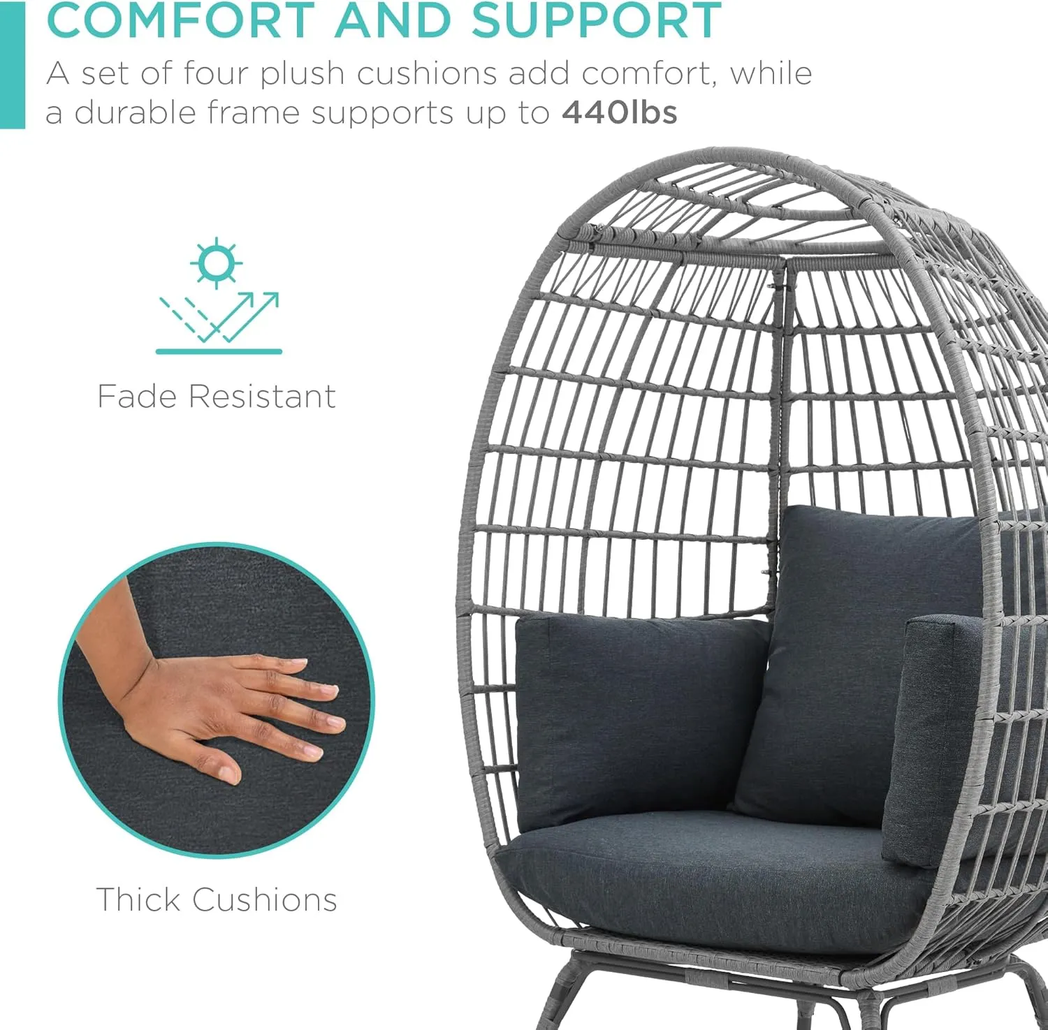 Best Choice Products Wicker Egg Chair, Oversized Indoor Outdoor Lounger for Patio, Backyard, Living Room w/ 4 Cushions, Steel Frame, 440lb Capacity - Gray/Charcoal