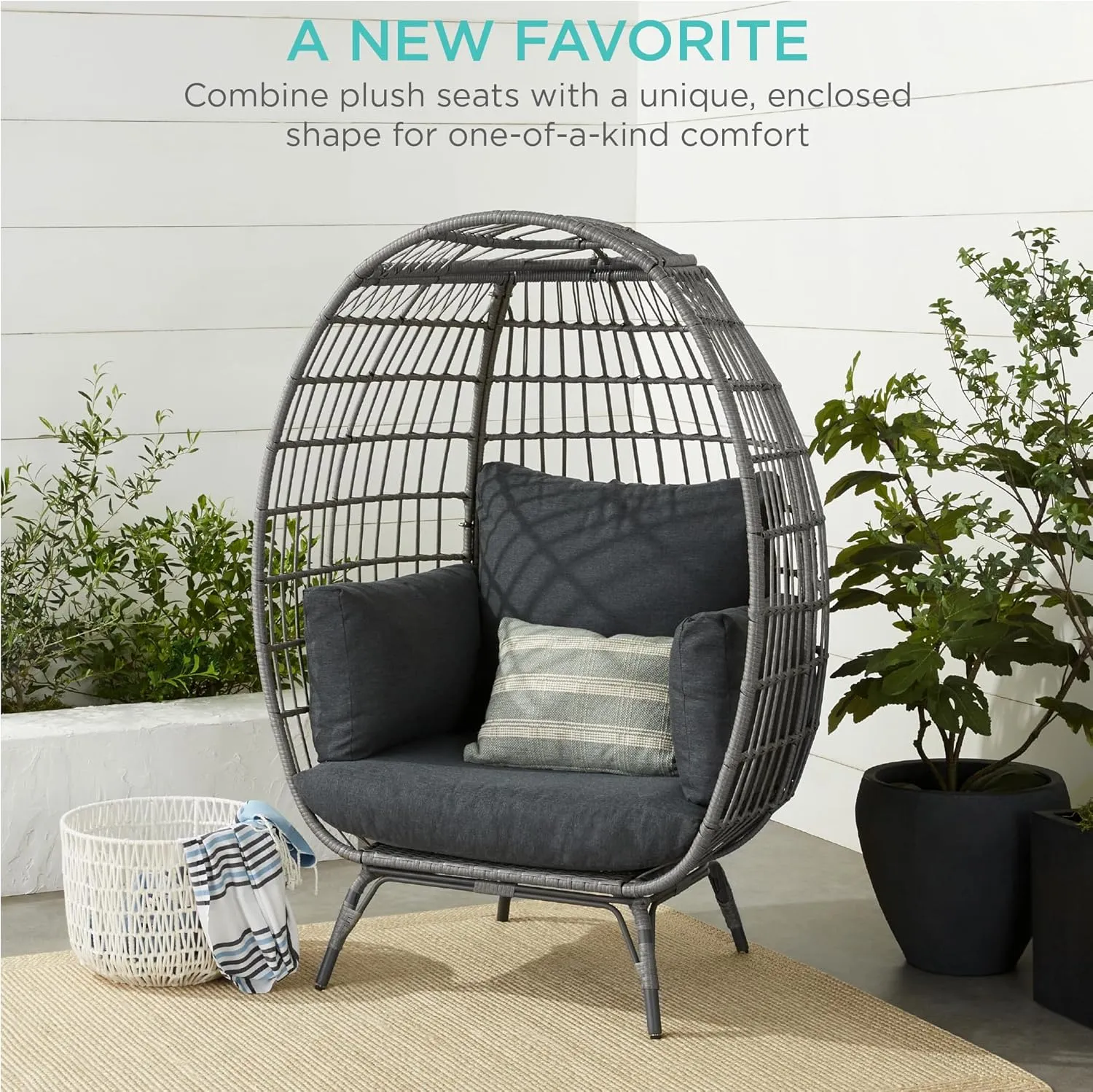 Best Choice Products Wicker Egg Chair, Oversized Indoor Outdoor Lounger for Patio, Backyard, Living Room w/ 4 Cushions, Steel Frame, 440lb Capacity - Gray/Charcoal