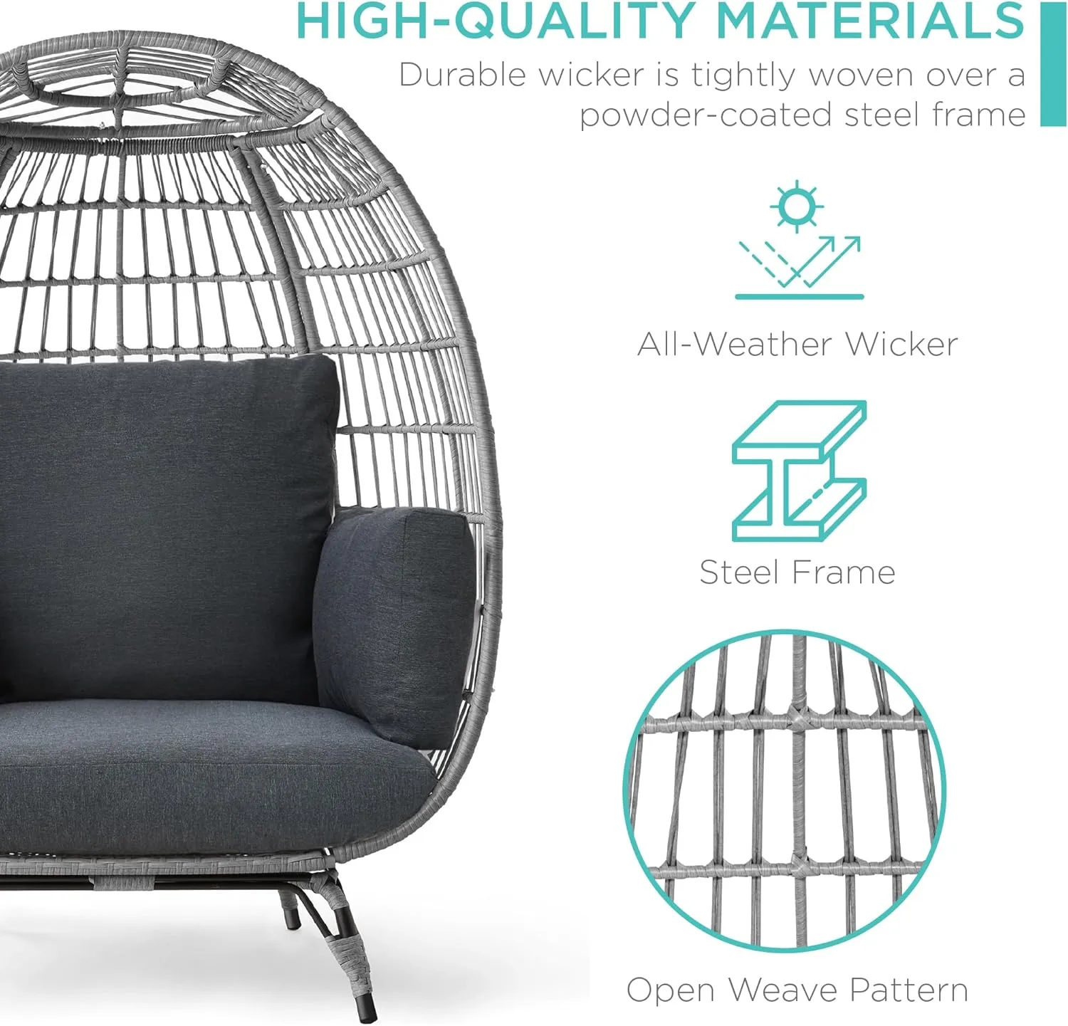 Best Choice Products Wicker Egg Chair, Oversized Indoor Outdoor Lounger for Patio, Backyard, Living Room w/ 4 Cushions, Steel Frame, 440lb Capacity - Gray/Charcoal