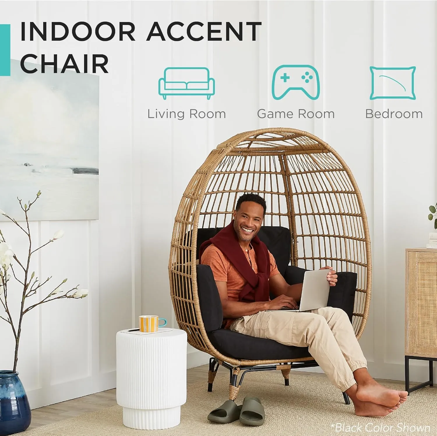 Best Choice Products Wicker Egg Chair, Oversized Indoor Outdoor Lounger for Patio, Backyard, Living Room w/ 4 Cushions, Steel Frame, 440lb Capacity - Gray/Charcoal