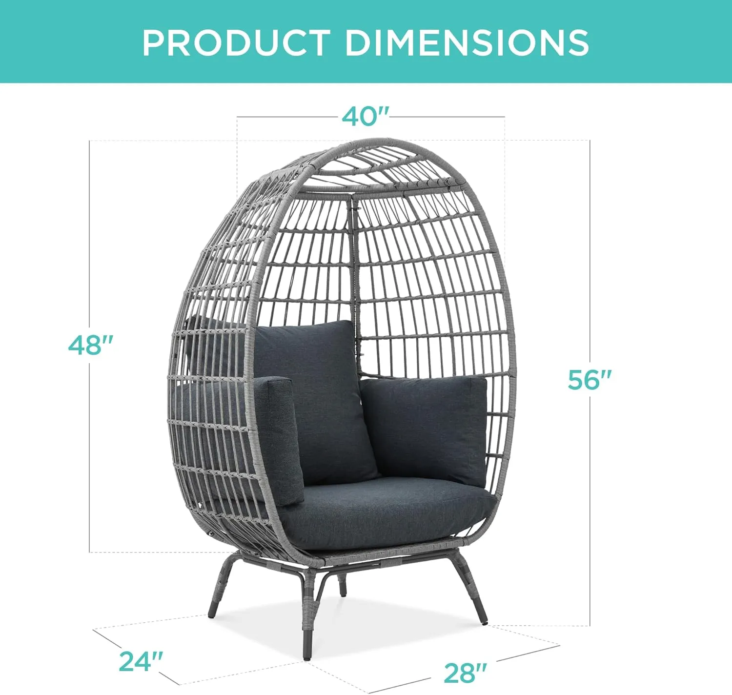 Best Choice Products Wicker Egg Chair, Oversized Indoor Outdoor Lounger for Patio, Backyard, Living Room w/ 4 Cushions, Steel Frame, 440lb Capacity - Gray/Charcoal
