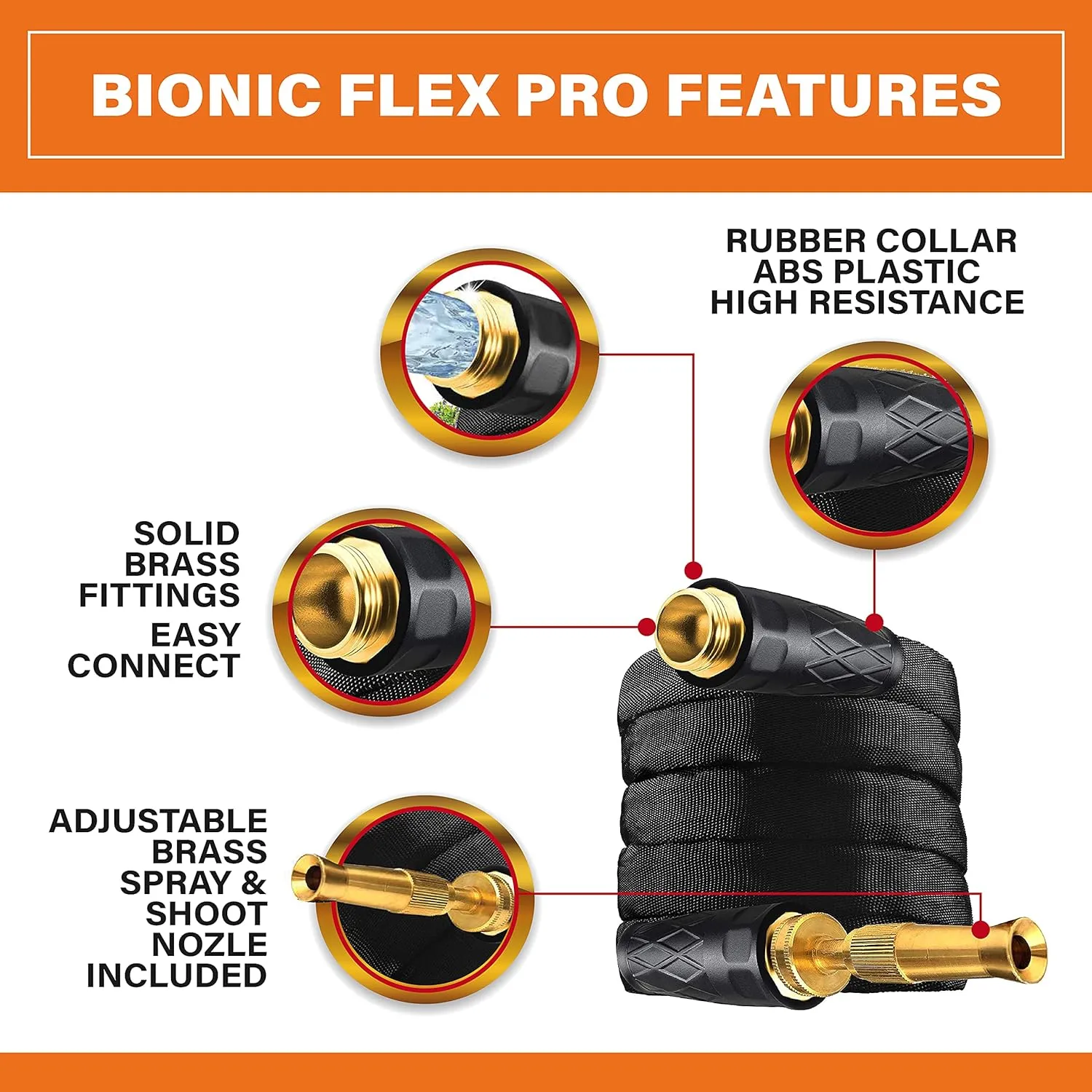 Bionic Flex PRO 50’ Garden Hose, Heavy Duty & Lightweight Weatherproof Garden Water Hose with Brass Fittings & Adjustable Brass Spraying & Shooting Nozzle, 500 PSI Tear Resistant, Kink Free Hose