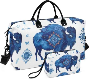Bison Silhouette Blue Duffel Bag for Traveling, Gym Bags with Multiple Interior Pockets for Women Men Toiletry Purse Included 20.5”x 1.9” x 13.8”