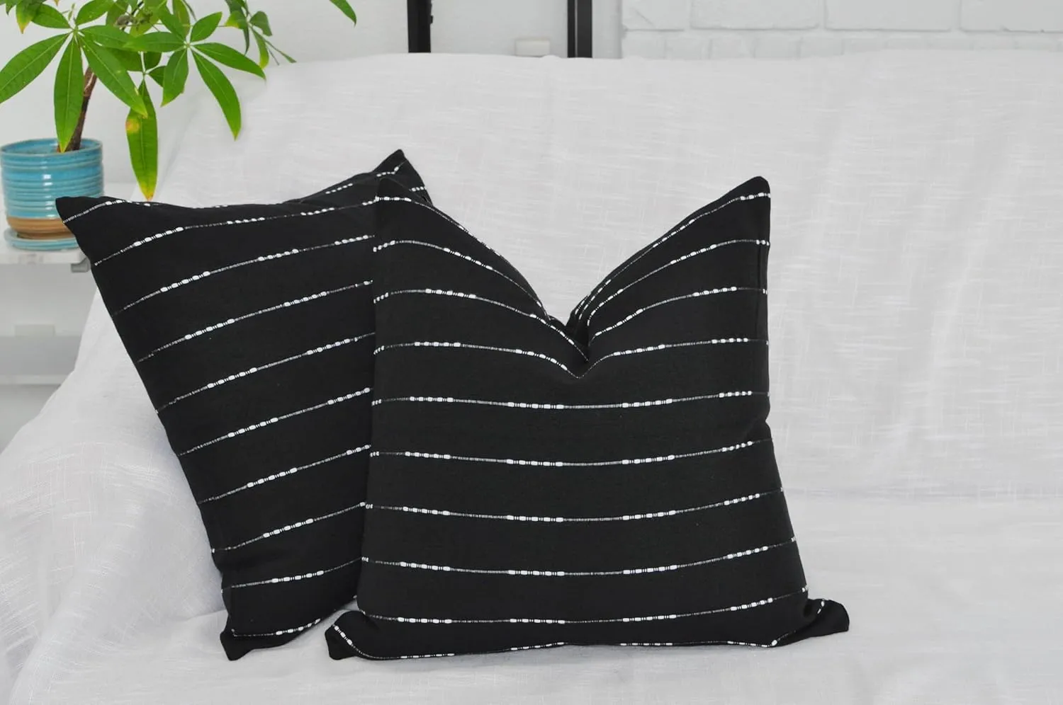 Black and White Pillow Covers 18x18 Modern Style Cotton Woven Striped Geometric Pattern Contemporary Cushion Covers Simple Throw Pillow Cases for Living Room Sofa Couch Bed Set of 2