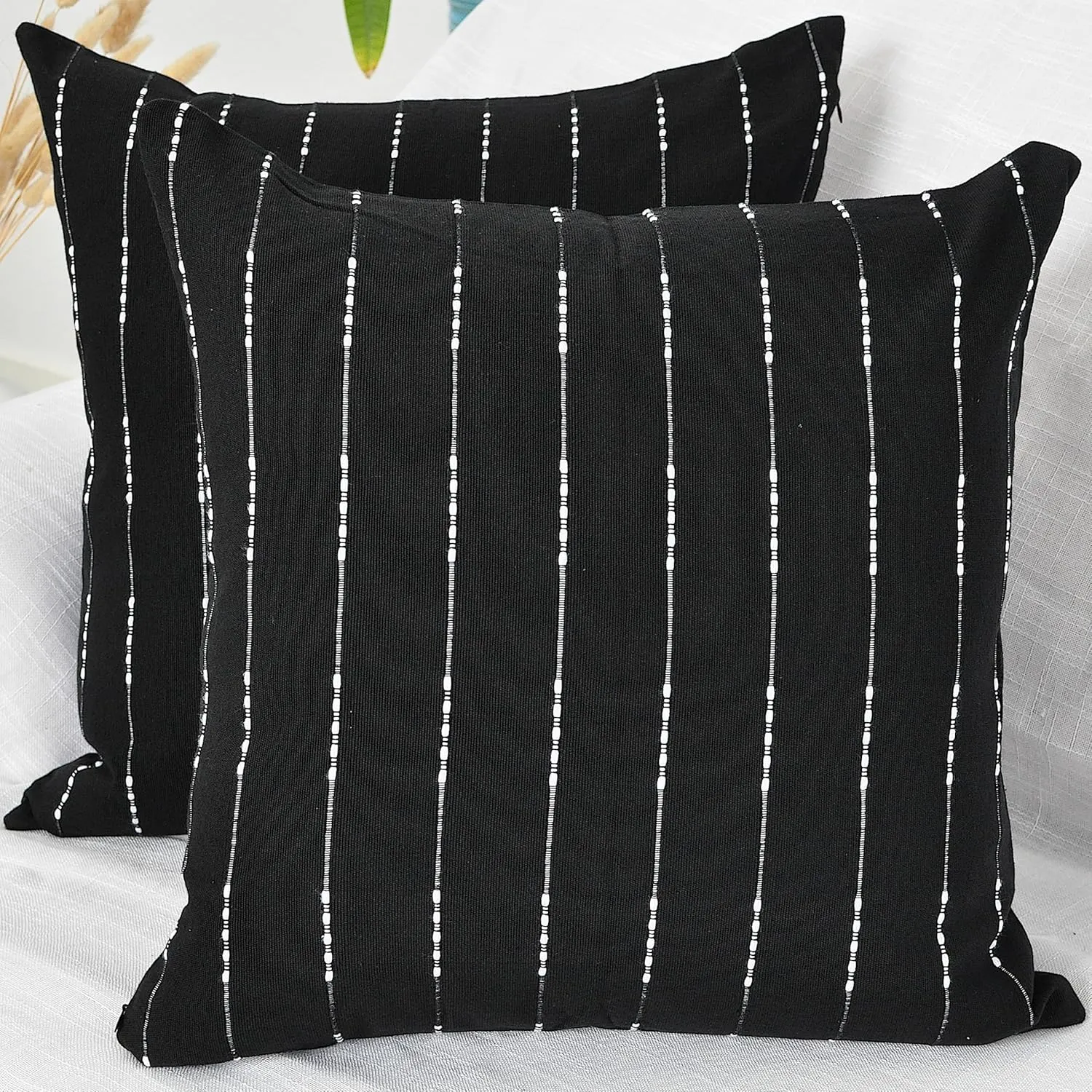 Black and White Pillow Covers 18x18 Modern Style Cotton Woven Striped Geometric Pattern Contemporary Cushion Covers Simple Throw Pillow Cases for Living Room Sofa Couch Bed Set of 2