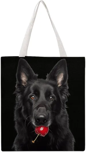 Black German Shepherd Dog Cherry Novelty Tote Bag Canvas Shoulder Bag Reusable Grocery Shopping Bag Funny Handbag Printed