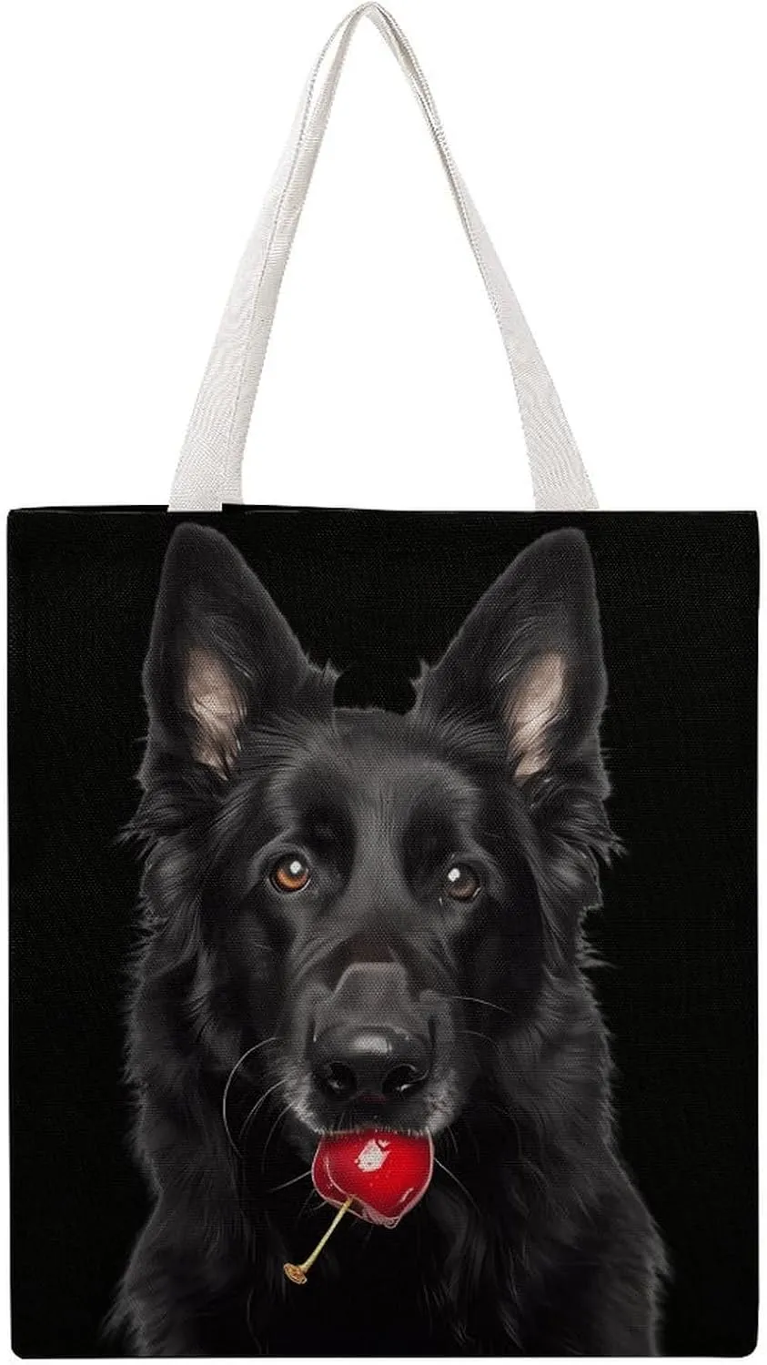 Black German Shepherd Dog Cherry Novelty Tote Bag Canvas Shoulder Bag Reusable Grocery Shopping Bag Funny Handbag Printed
