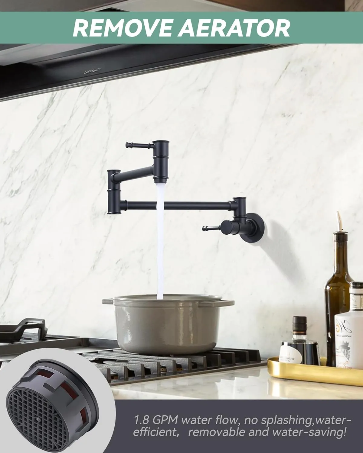 Black Wall Mount Pot Filler Faucet - Retractable Single Hole Modern Kitchen Sink Faucet With Folding Arm - Solid Brass In-Wall Mount