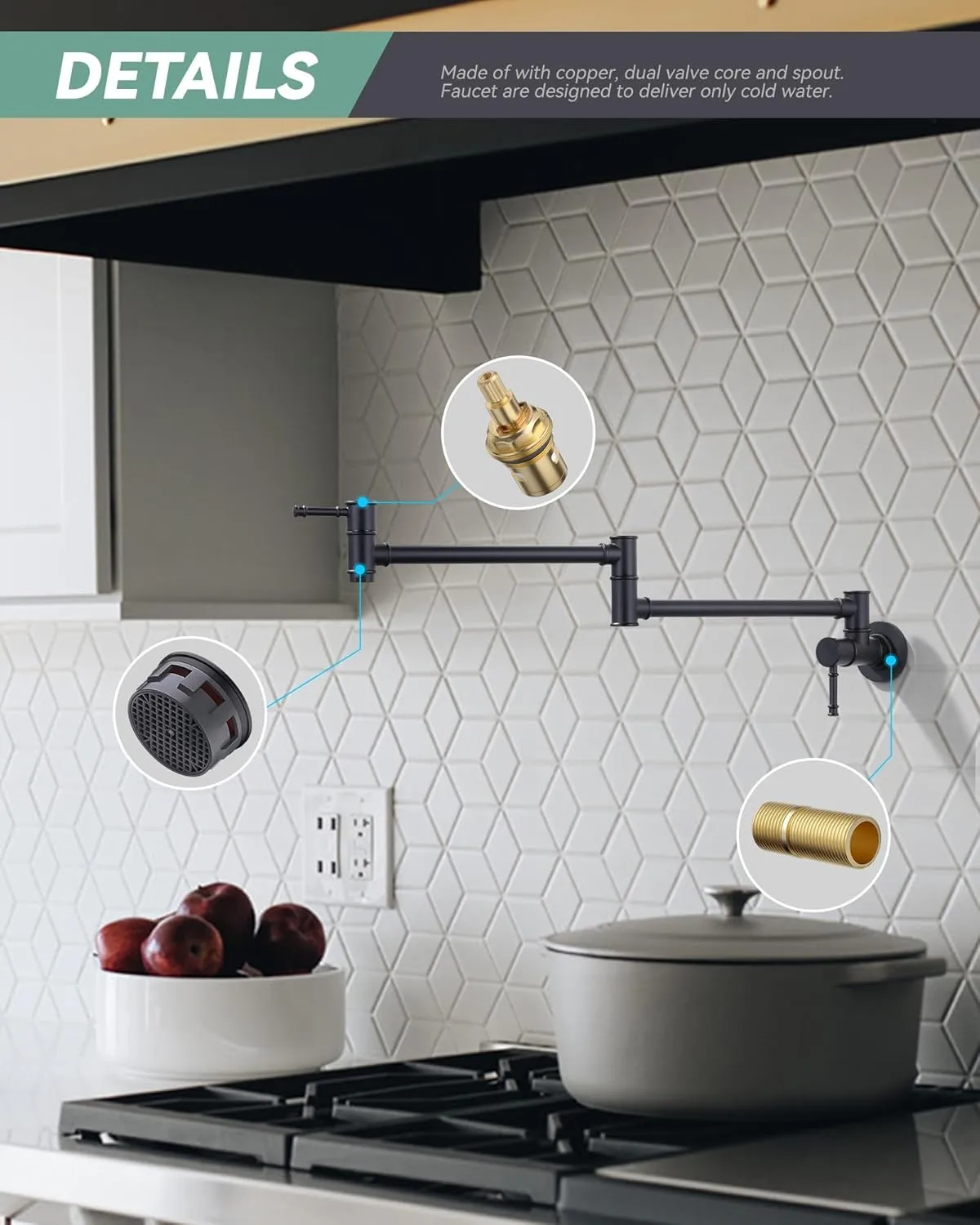 Black Wall Mount Pot Filler Faucet - Retractable Single Hole Modern Kitchen Sink Faucet With Folding Arm - Solid Brass In-Wall Mount