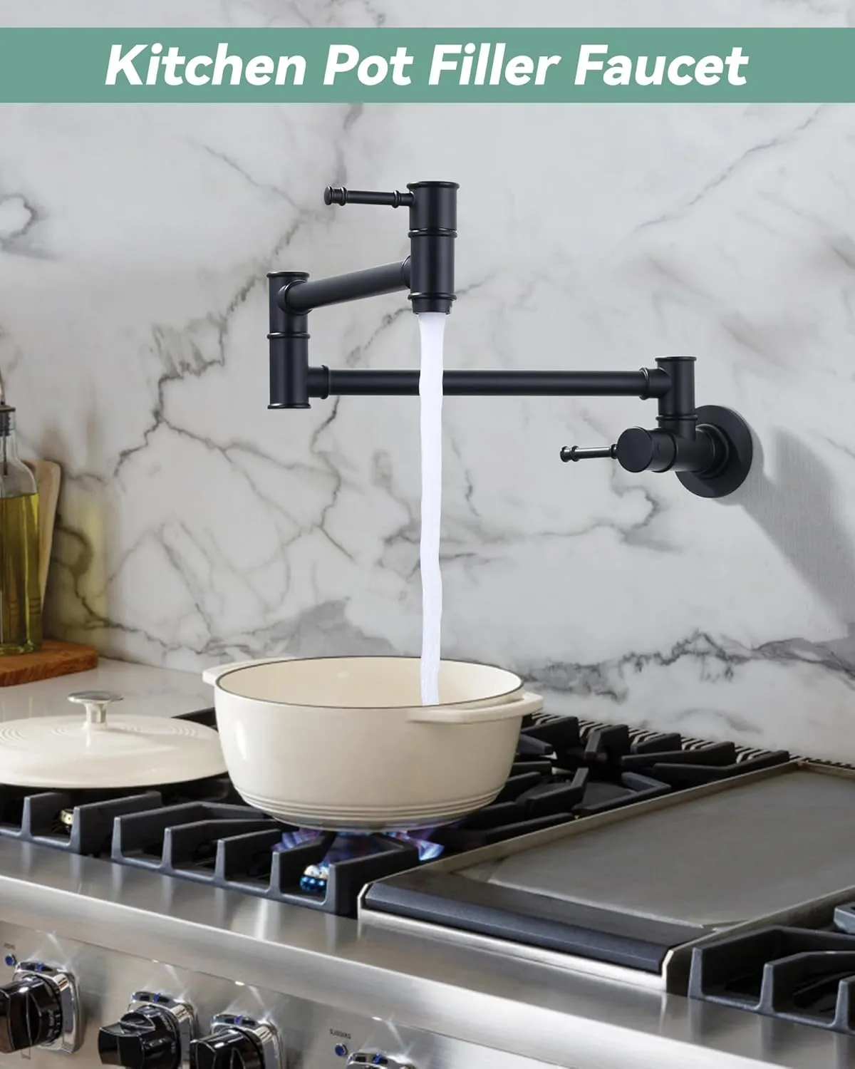 Black Wall Mount Pot Filler Faucet - Retractable Single Hole Modern Kitchen Sink Faucet With Folding Arm - Solid Brass In-Wall Mount