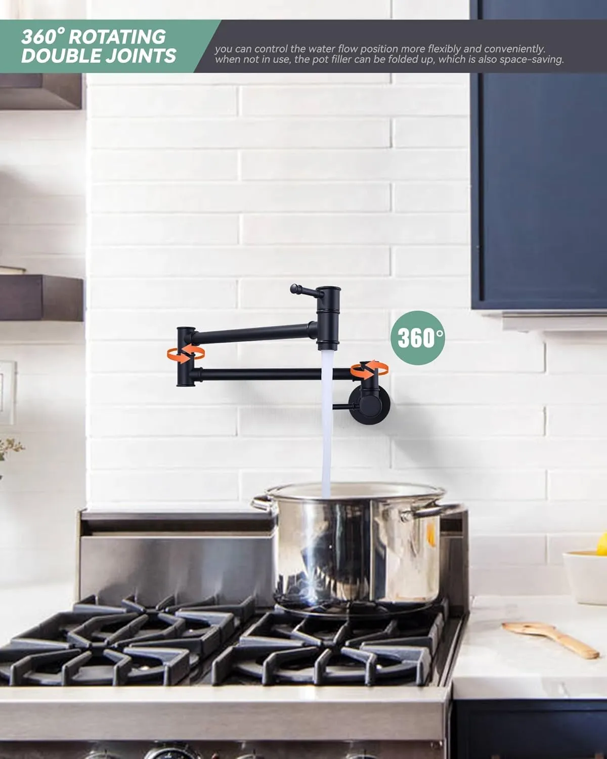 Black Wall Mount Pot Filler Faucet - Retractable Single Hole Modern Kitchen Sink Faucet With Folding Arm - Solid Brass In-Wall Mount