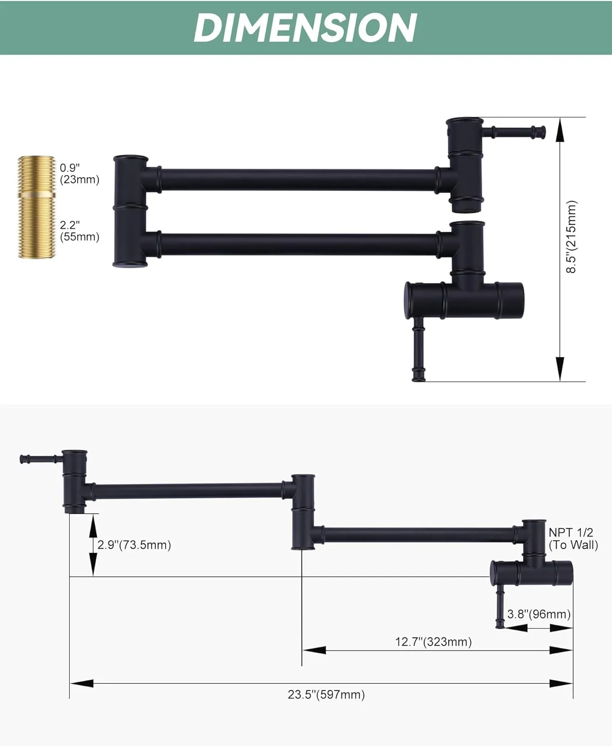Black Wall Mount Pot Filler Faucet - Retractable Single Hole Modern Kitchen Sink Faucet With Folding Arm - Solid Brass In-Wall Mount