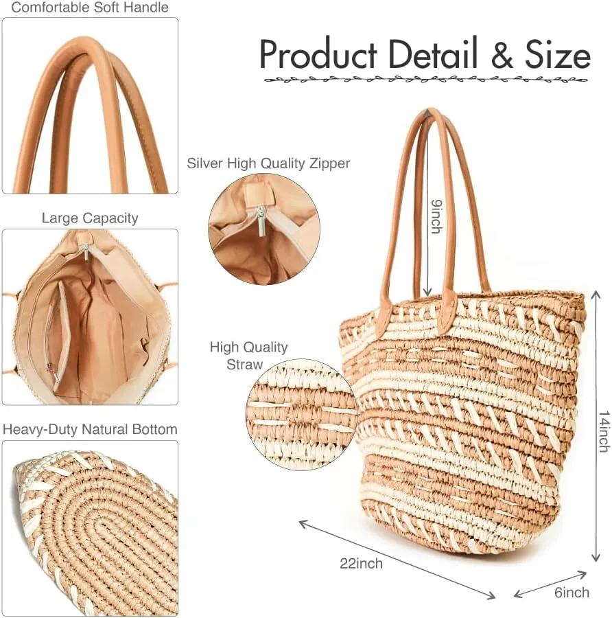 Blank Slate Straw Weave Fashion Tote Bag - Luxury Vegan Woven Shoulder Bag - Versatile for Vacation, Weekend, Beach, and More