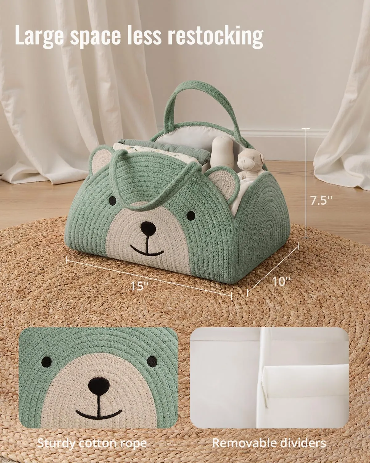 Blissful Diary Baby Diaper Caddy Organizer, Cotton Rope Diaper Caddy Basket, Large Storage Basket, Gift for Baby Shower, Newborn Essentials, Bear Roman Green
