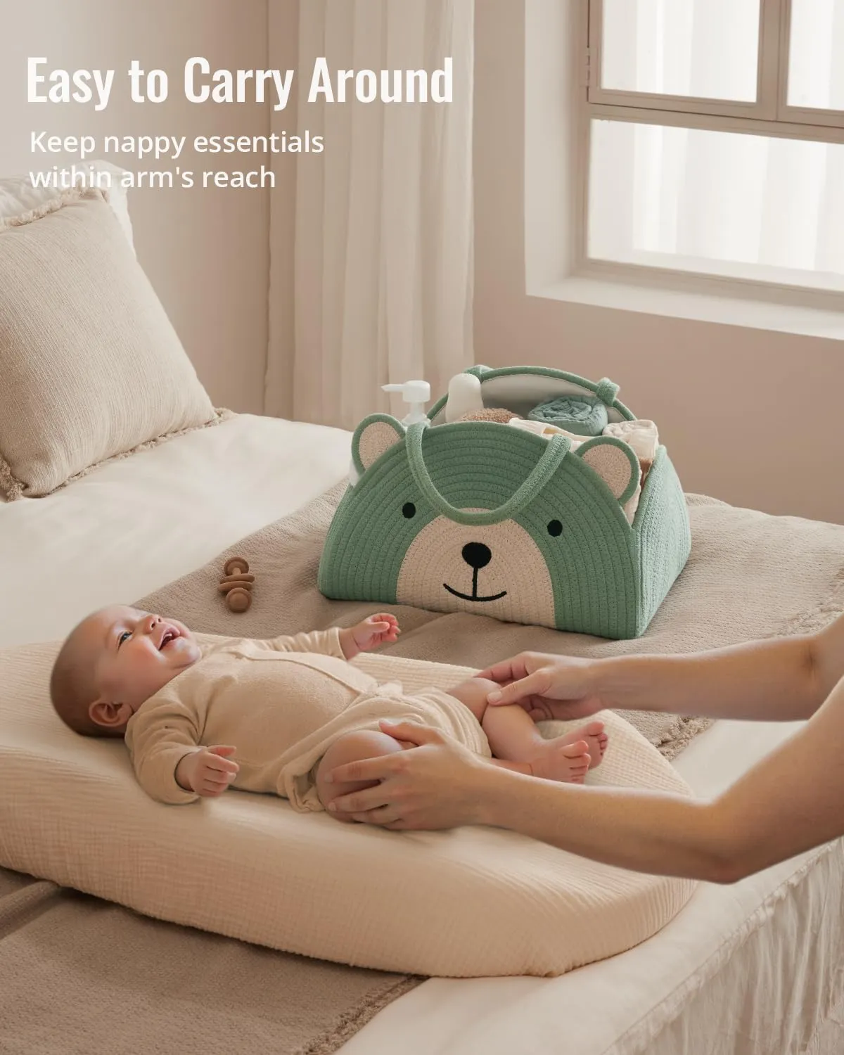 Blissful Diary Baby Diaper Caddy Organizer, Cotton Rope Diaper Caddy Basket, Large Storage Basket, Gift for Baby Shower, Newborn Essentials, Bear Roman Green
