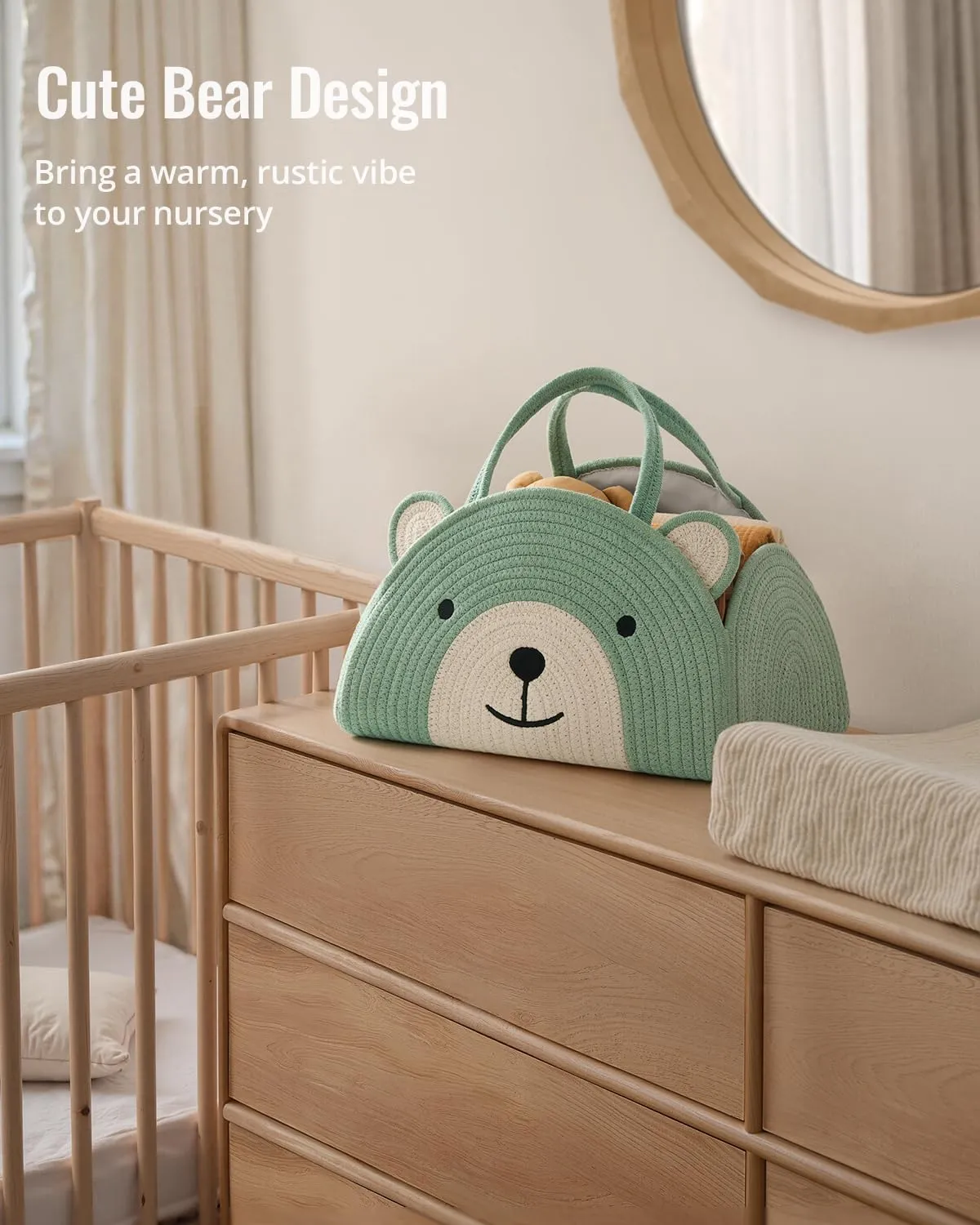 Blissful Diary Baby Diaper Caddy Organizer, Cotton Rope Diaper Caddy Basket, Large Storage Basket, Gift for Baby Shower, Newborn Essentials, Bear Roman Green