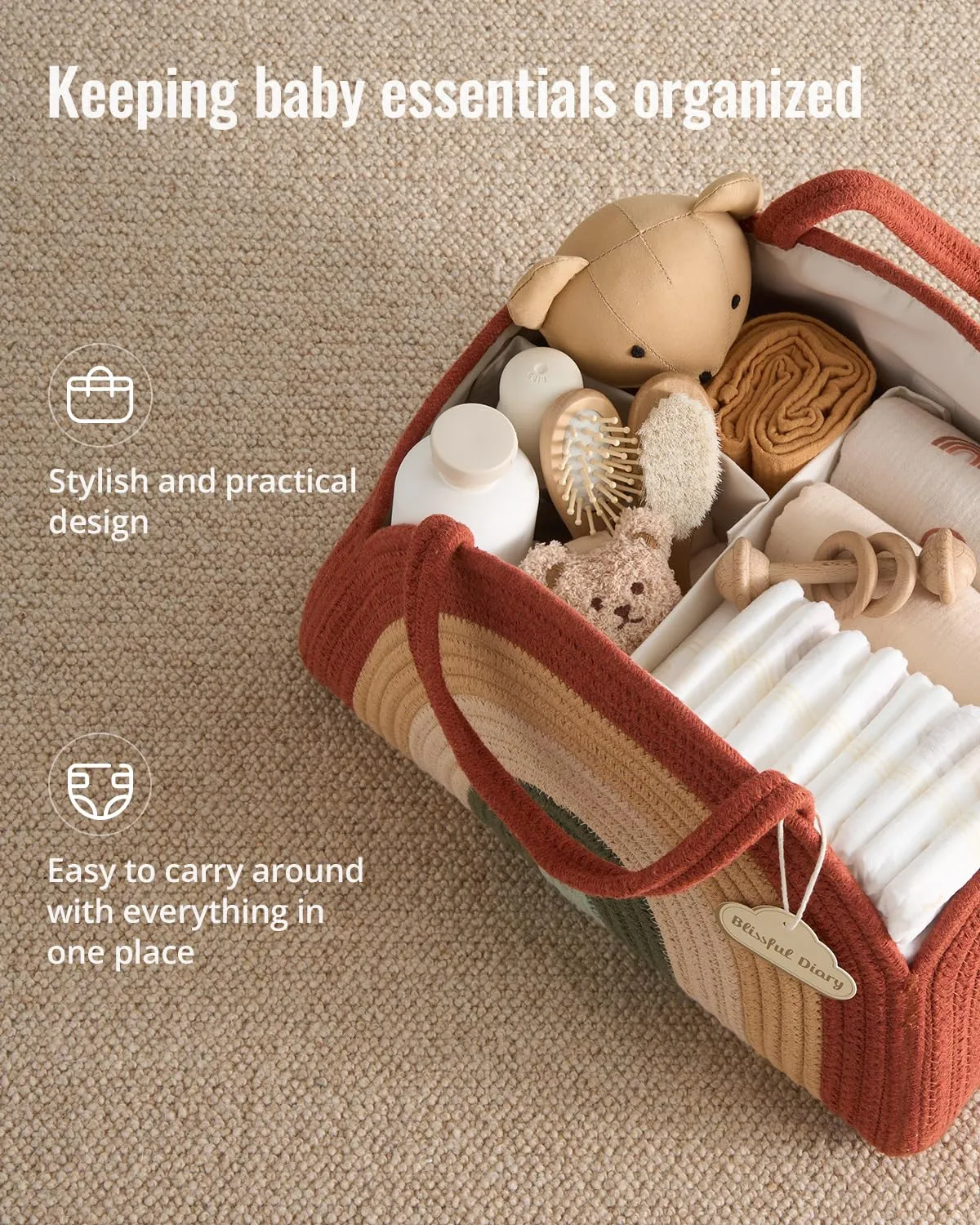 Blissful Diary Baby Diaper Caddy Organizer, Cotton Rope Diaper Caddy Basket, Large Storage Basket, Gift for Baby Shower, Newborn Essentials, Rustic Rainbow