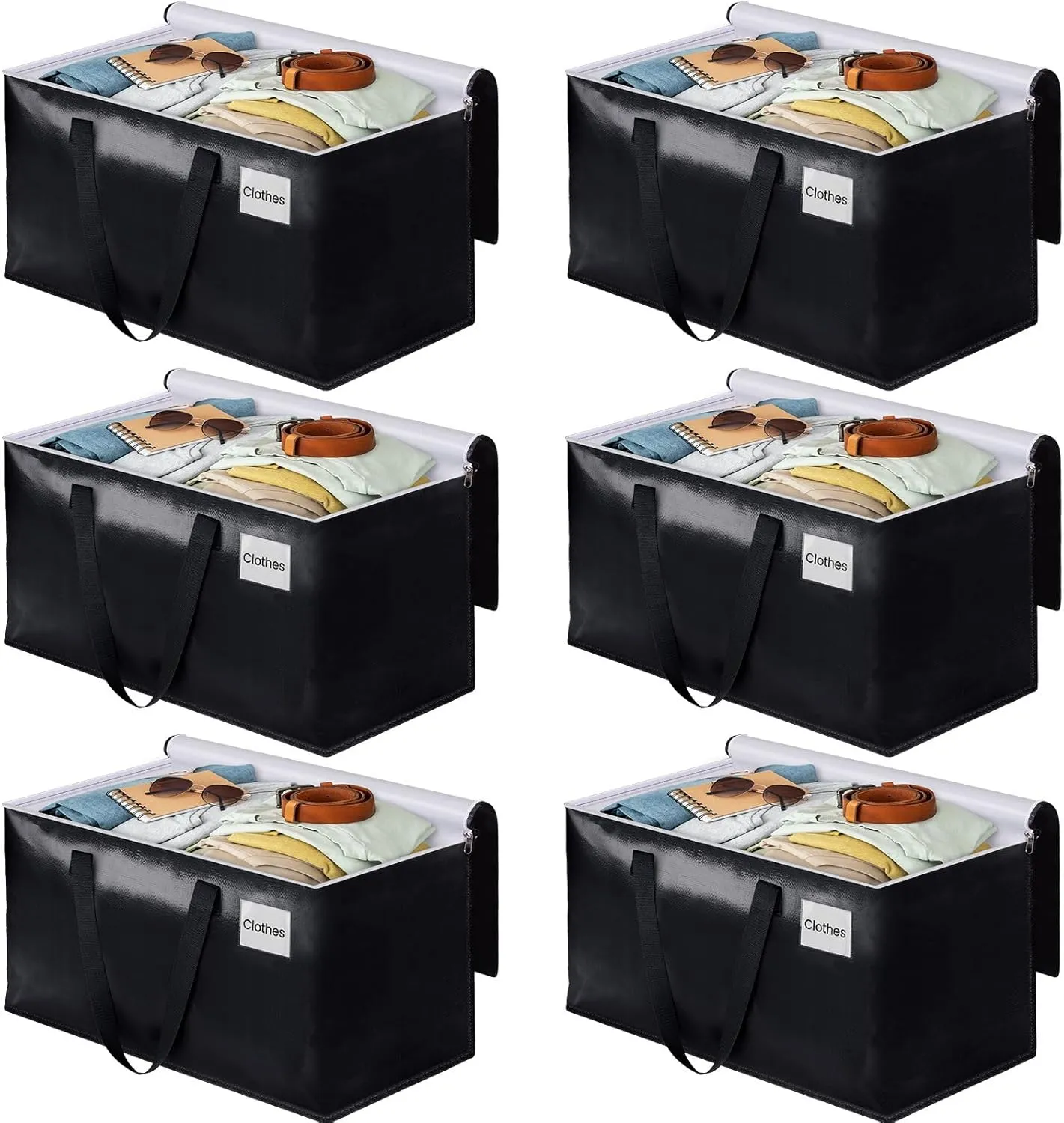 BlissTotes Collapsible Moving Bags - Heavy Duty Boxes with Zippers and Handles, Space Saving Packing Totes for Moving Supplies Storage (93L, 6-Pack, Black)