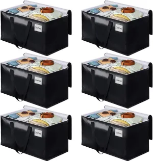 BlissTotes Collapsible Moving Bags - Heavy Duty Boxes with Zippers and Handles, Space Saving Packing Totes for Moving Supplies Storage (93L, 6-Pack, Black)